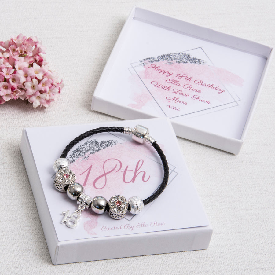 18th Birthday Gift, Charm Bracelet, Black Leather, Pink Diamante Beads, Personalised Card & Keepsake Box