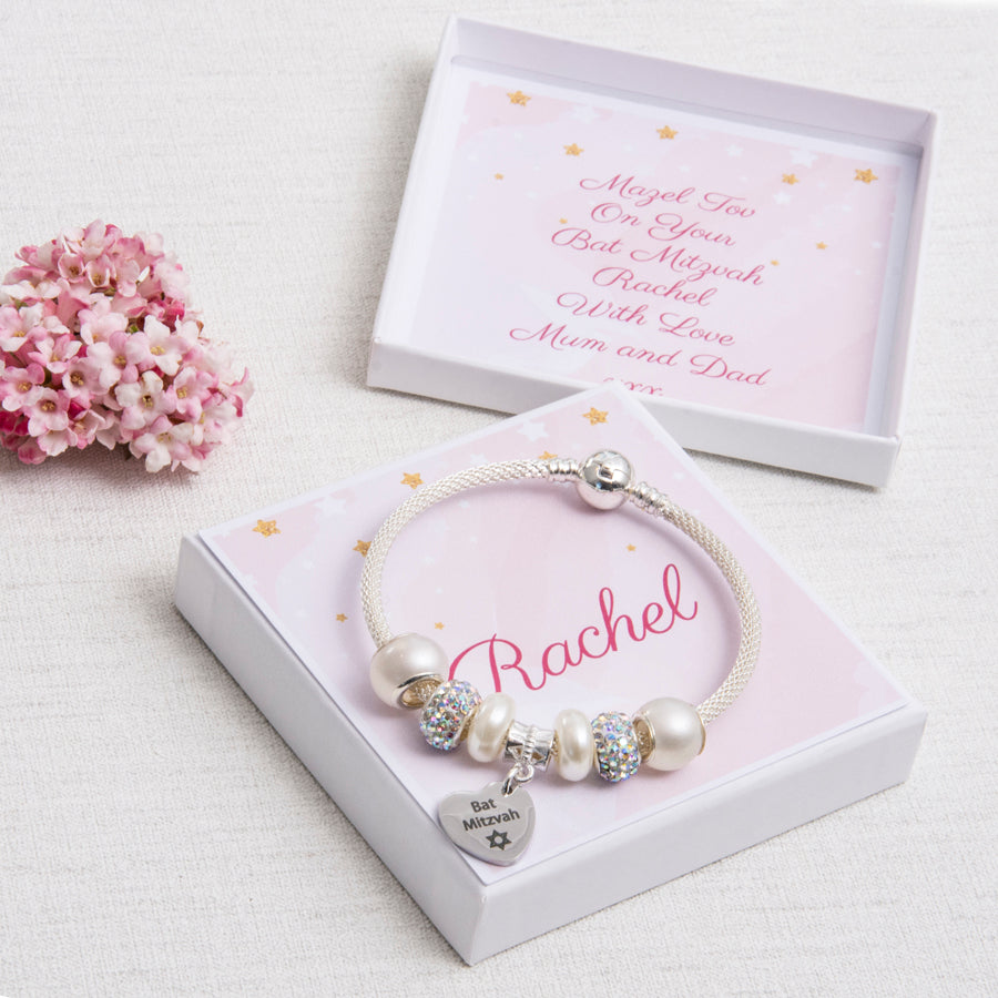 Bat Mitzvah Gift Sparkle Bracelet With Ivory Beads Heart Charm Personalised Card