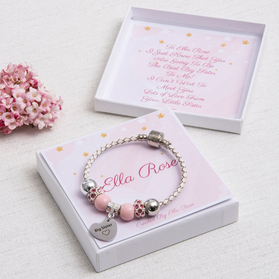 Big Sister Gift Charm Bracelet Pink Diamante Beads Personalised Star Card