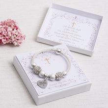 Load image into Gallery viewer, First Holy Communion Sparkle Bracelet Diamante Beads Engraved Heart Charm Personalised Card
