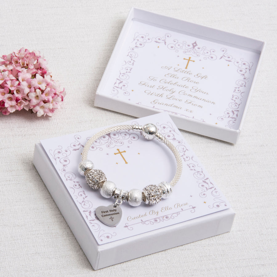 First Holy Communion Sparkle Bracelet Diamante Beads Engraved Heart Charm Personalised Card