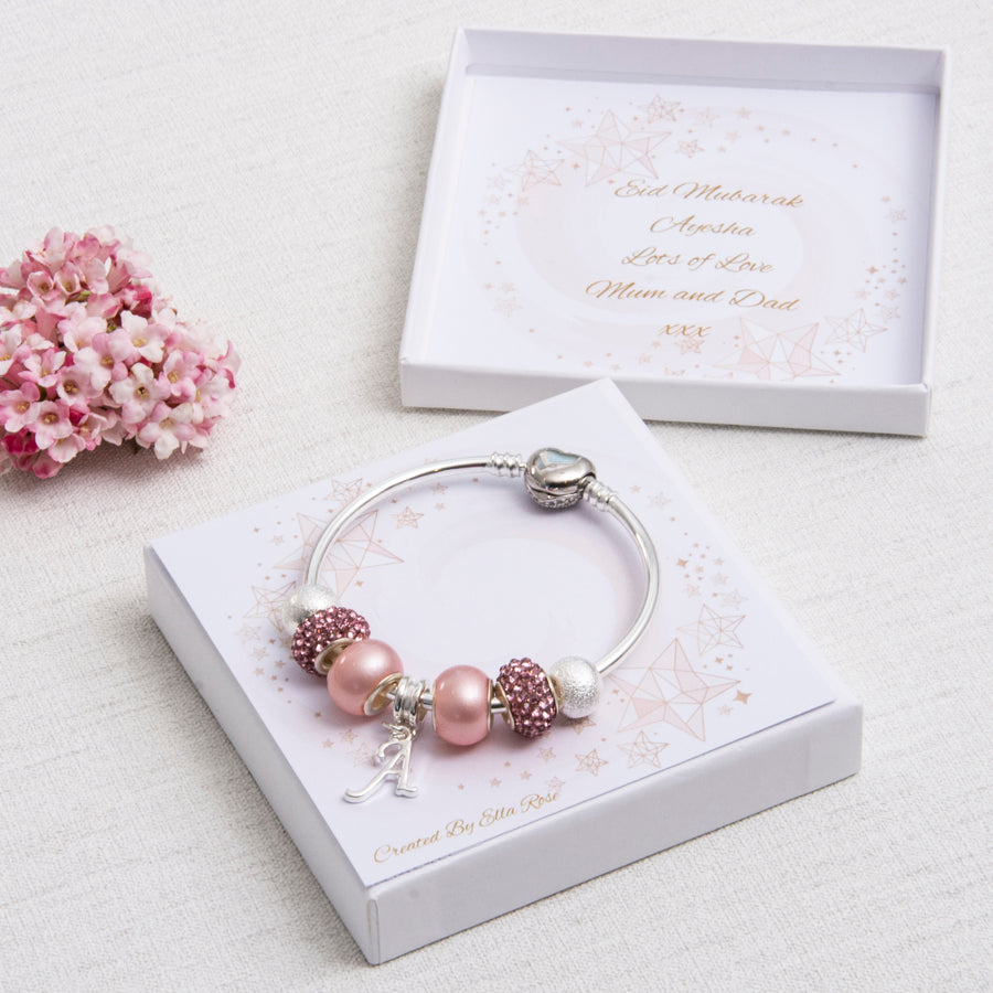 Eid Gift For Girls Charm Bracelet Younger Girls Pink and Diamante Beads and Personalised Card