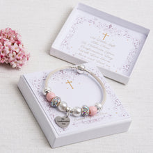 Load image into Gallery viewer, Confirmation Day Gift Sparkle Bracelet Pink &amp; Diamante beads Confirmation Heart Charm Personalised Card
