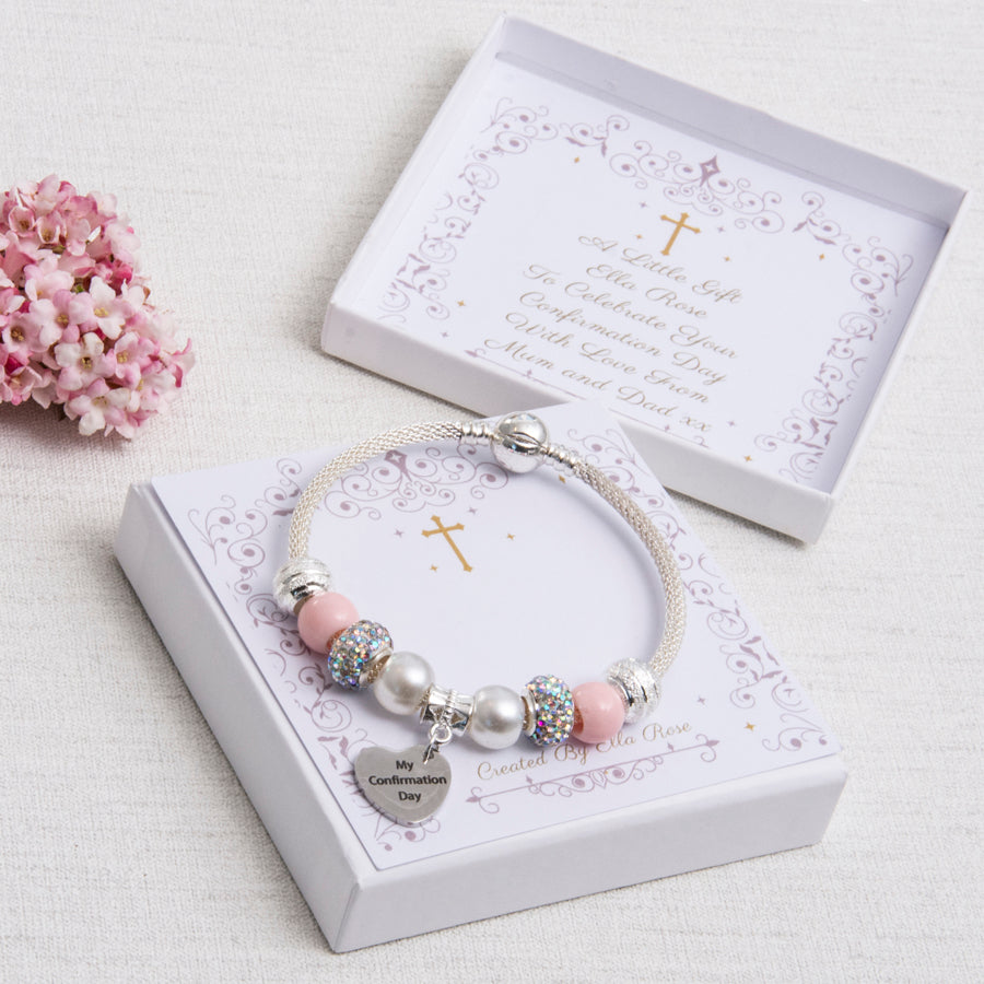 Confirmation Day Gift Sparkle Bracelet Pink & Diamante beads Confirmation Heart Charm Personalised Card