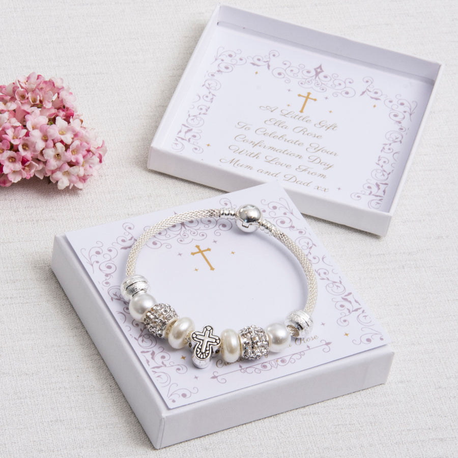 Confirmation Day Gift Sparkle Bracelet Cross Charm Personalised Card