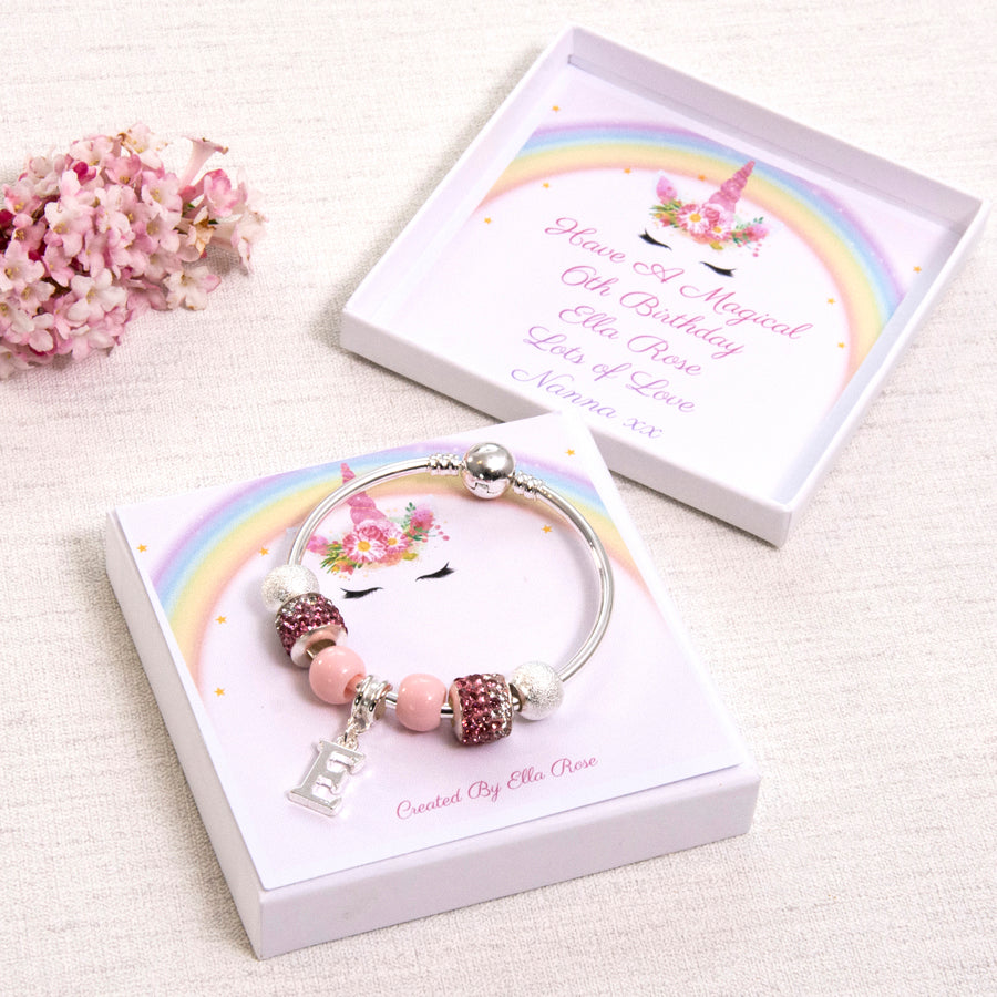 Unicorn Birthday or Christmas Gift For Girls Charm Bracelet With Initial Charm