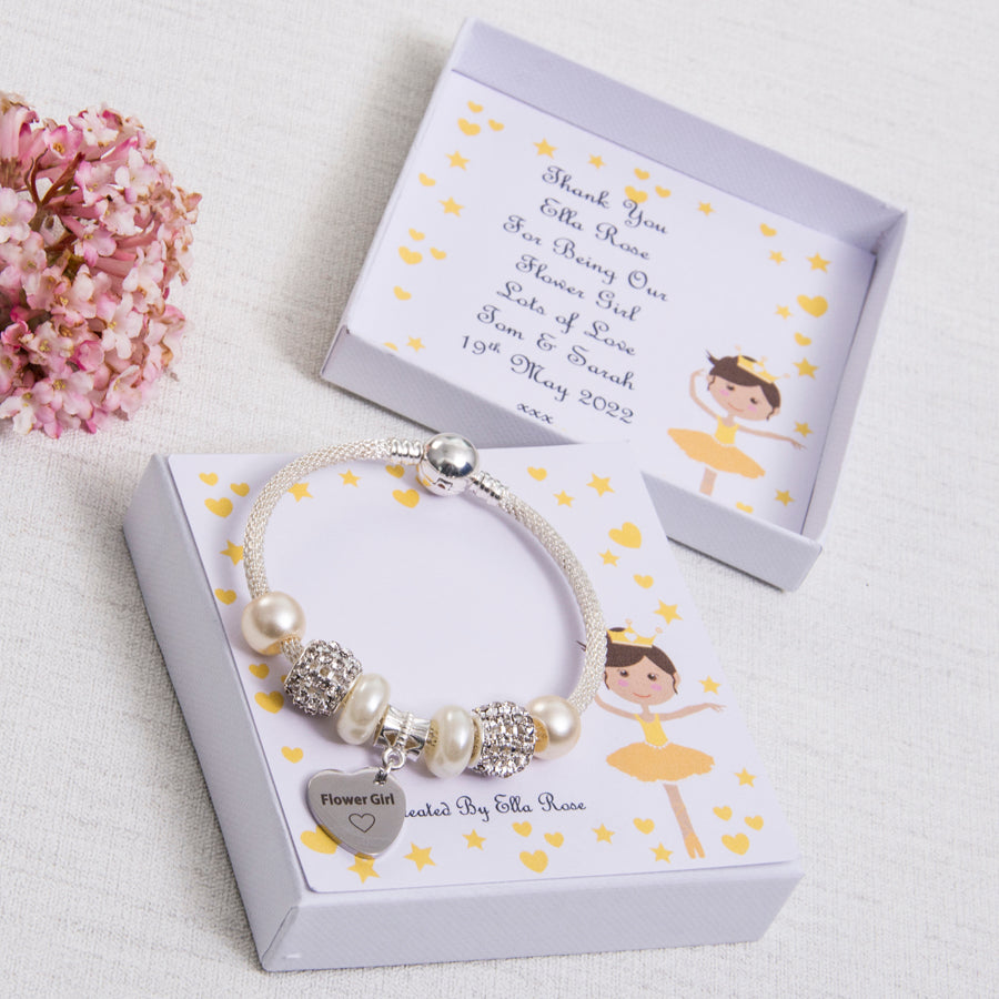 Flower Girl Thank You Gift Bracelet Ivory & Sparkle Beads Flower Girl Heart Ballerina Personalised Card