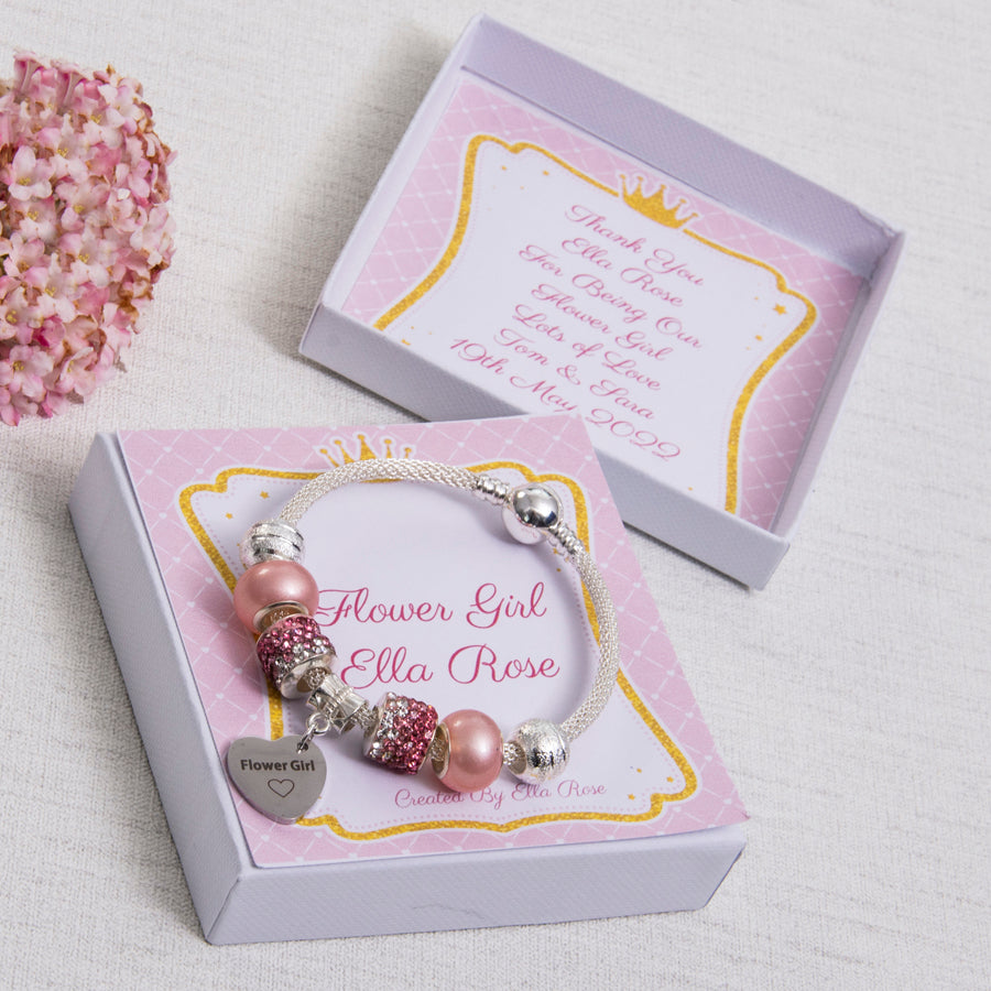 Flower Girl Thank You Gift Bracelet Pink Sparkle Beads Flower Girl Heart Personalised Card