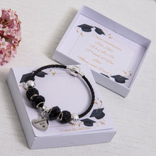 Load image into Gallery viewer, Graduation 2021, 2022, 2023 Charm Bracelet Black Leather Sparkle Beads
