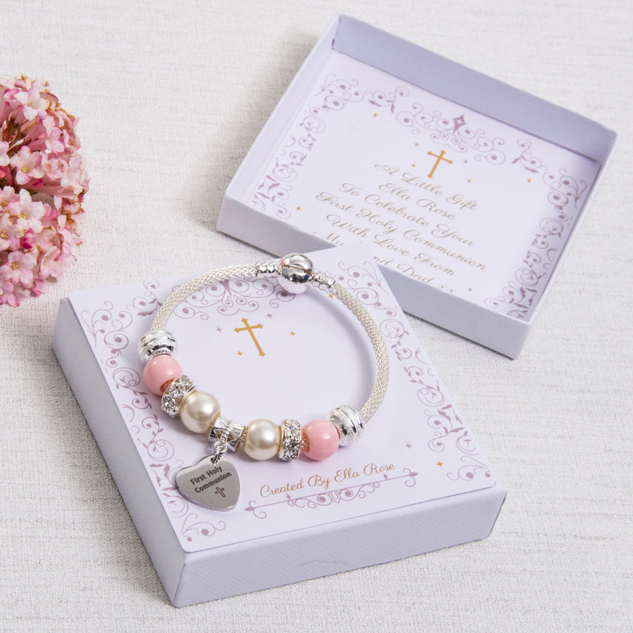 First Holy Communion Sparkle Bracelet Pink Beads Heart Charm Personalised Card