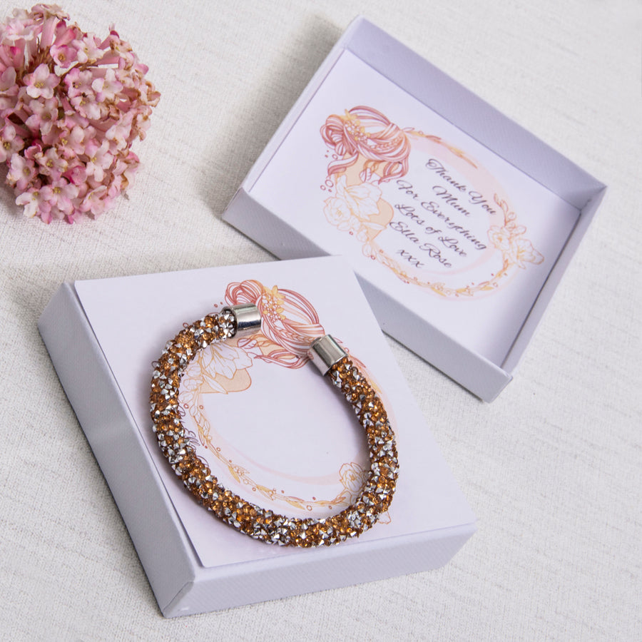 Adult Bridesmaid, Chief Bridesmaid, Maid of Honour, Mother of The Bride or Groom Thank You Gift Gold Sparkle Bracelet Personalised Card