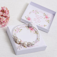 Load image into Gallery viewer, 50th 60th 70th 80th Birthday Gift, Charm Bracelet, Solid Bangle, Pearl Effect Beads, Personalised Card &amp; Keepsake Box
