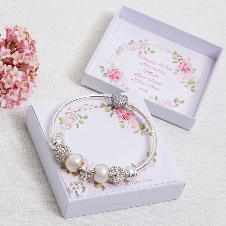 50th 60th 70th 80th Birthday Gift, Charm Bracelet, Solid Bangle, Pearl Effect Beads, Personalised Card & Keepsake Box