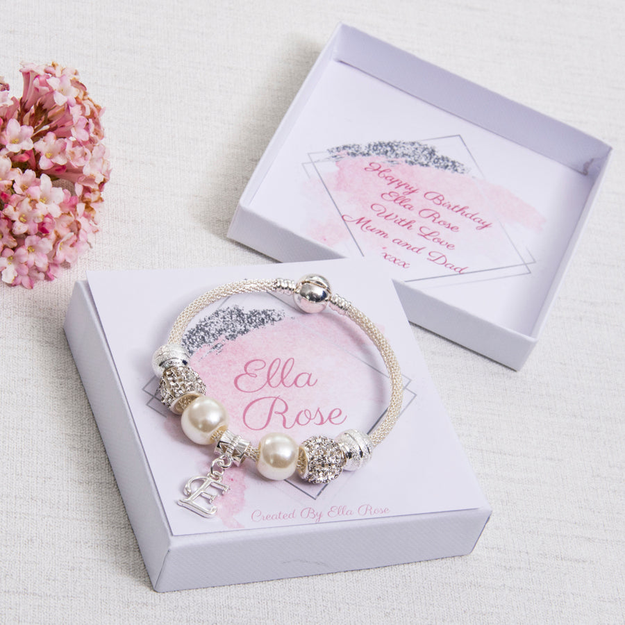 Girls Sparkle Bracelet Initial Charm Diamante Beads Personalised Card