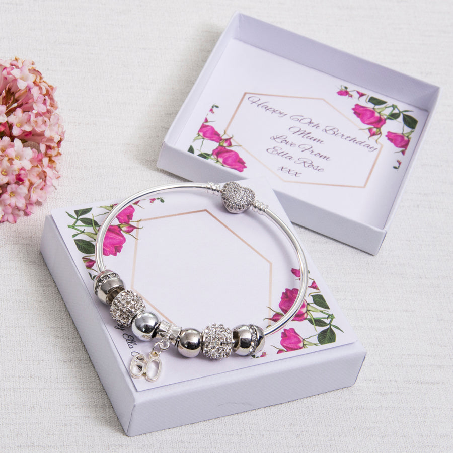 40th 50th 60th 70th 80th Birthday Gift, Charm Bracelet, Solid Bangle, Diamante Beads, Personalised Card & Keepsake Box