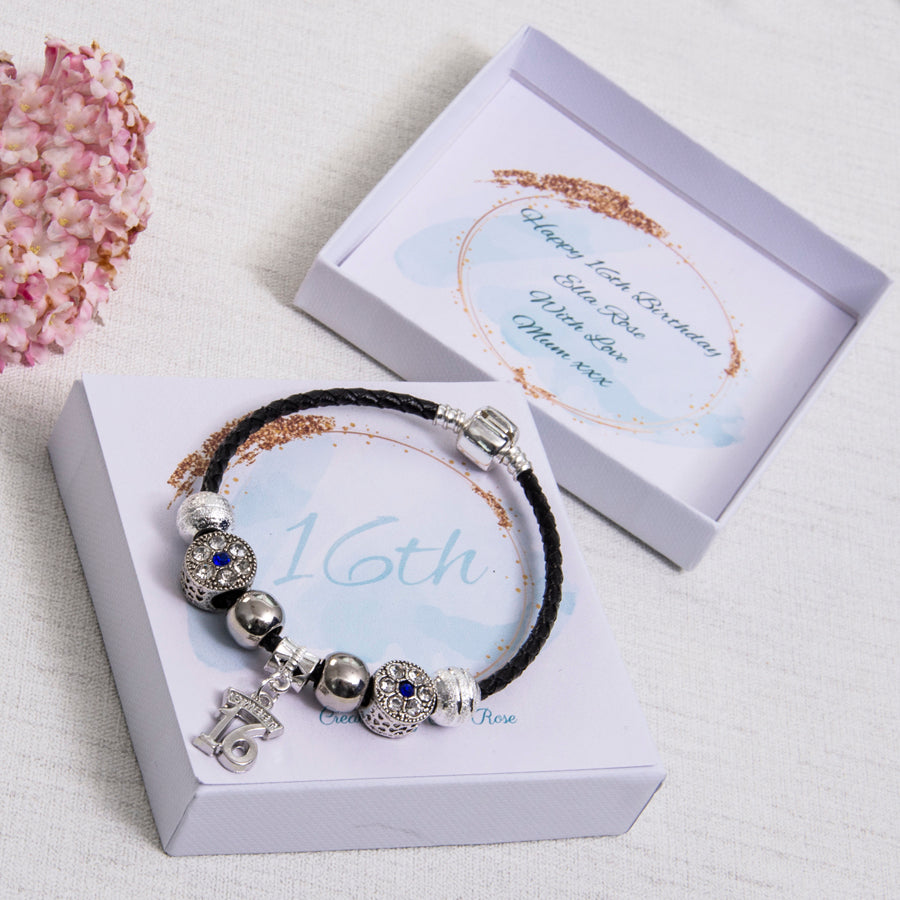 Sweet 16th Birthday Gift Keepsake Black Leather Blue Beads
