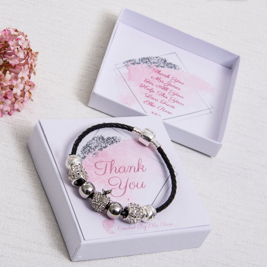 Thank You Teacher Gift, Bracelet, Diamante Apple Charm, Pink Diamante, Personalised Card