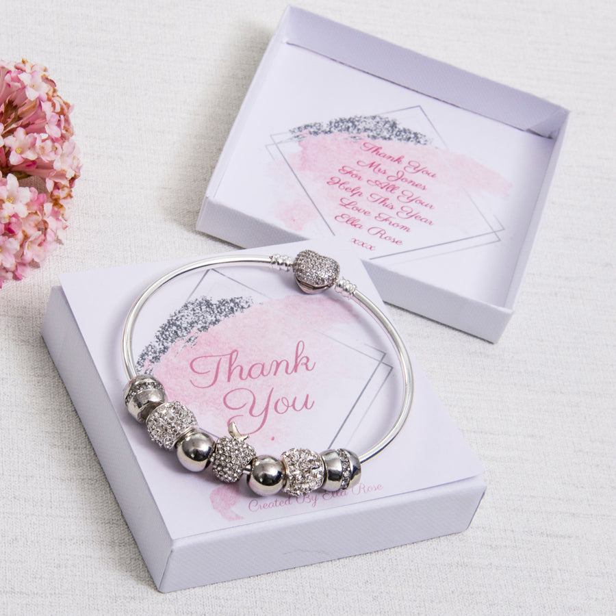 Thank You Teacher Gift, Bracelet, Diamante Apple Charm, Diamante Beads, Personalised Card