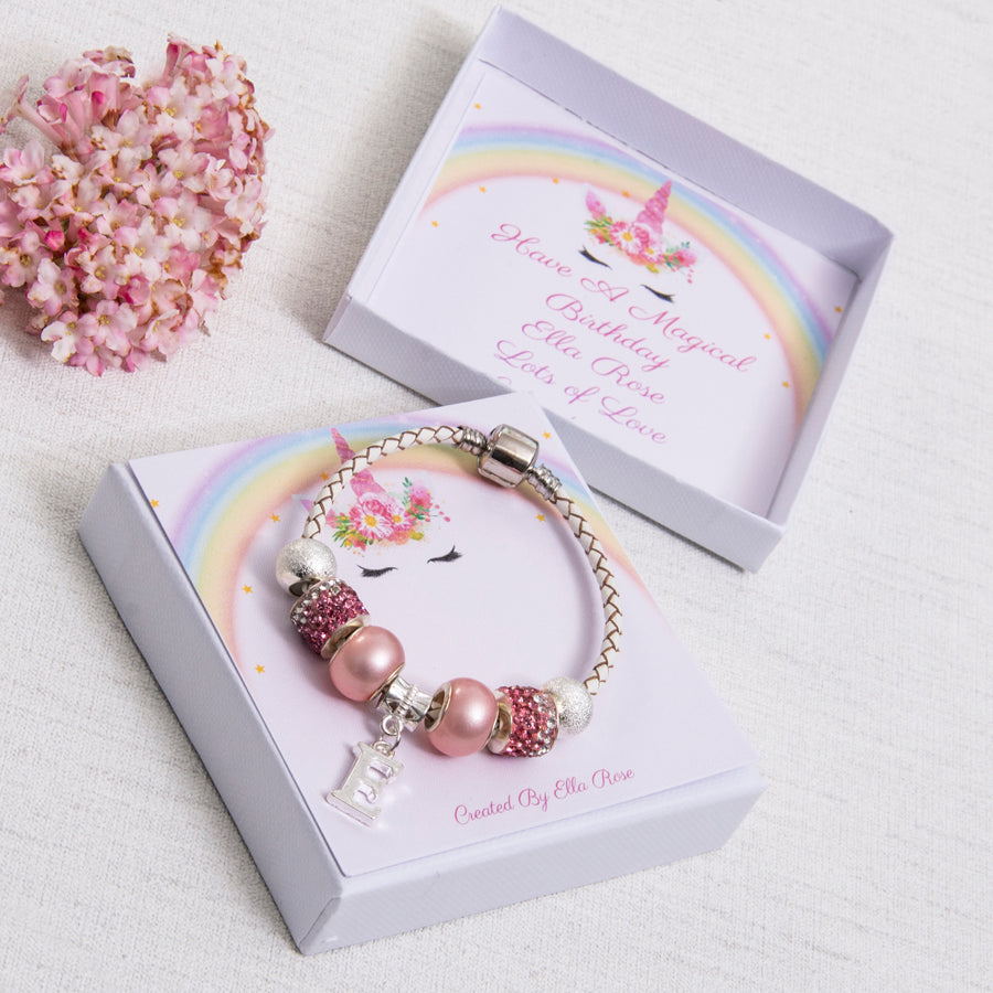 Unicorn Pink Sparkle Birthday or Christmas Gift For Girls Charm Bracelet With Initial Charm