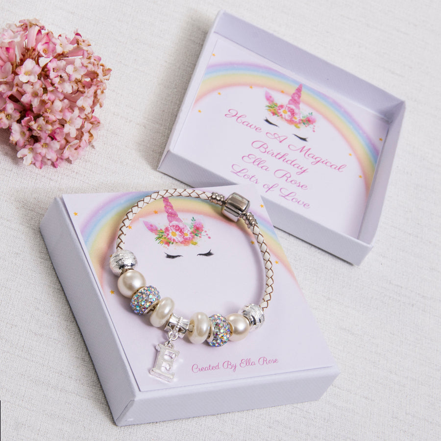 Unicorn Cream Birthday or Christmas Gift For Girls Charm Bracelet With Initial Charm